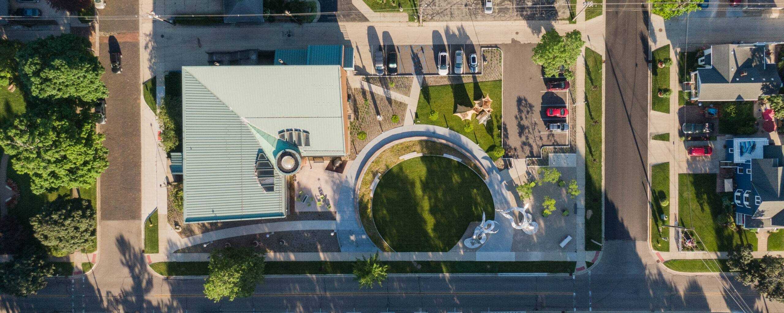 Aerial view of Krasl Art Center and its sculpture-filled campus