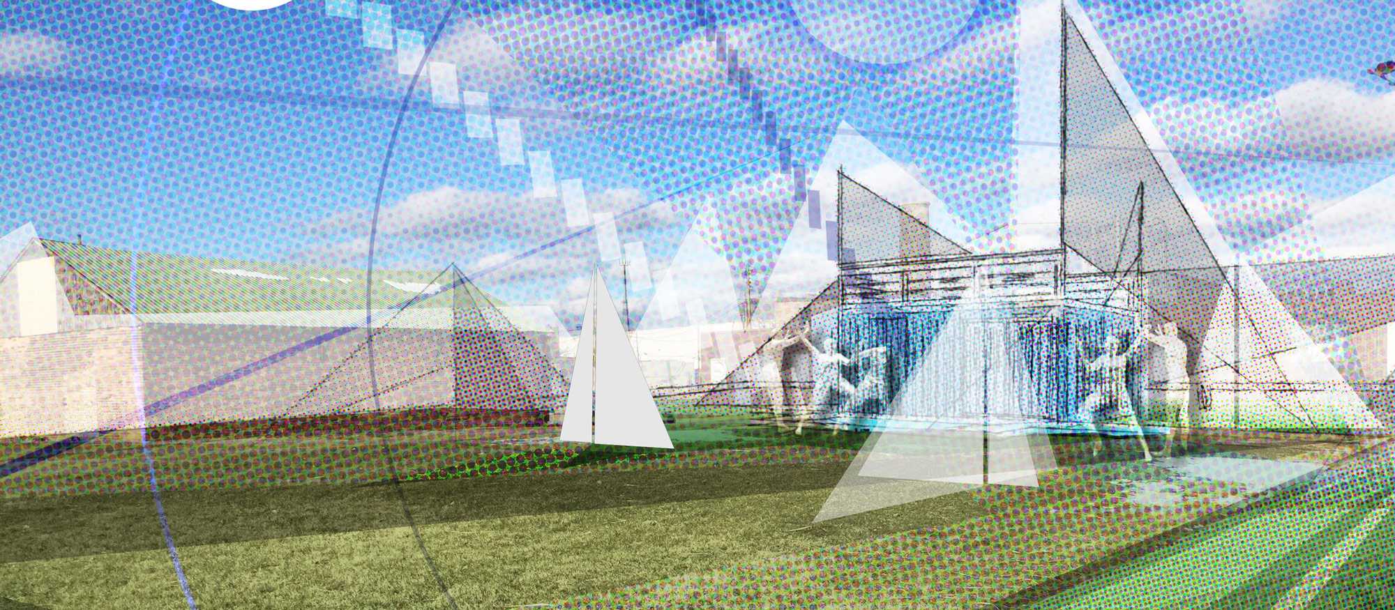 BIGthink concept illustration of sail-like outdoor sculptures around a building and lawn.