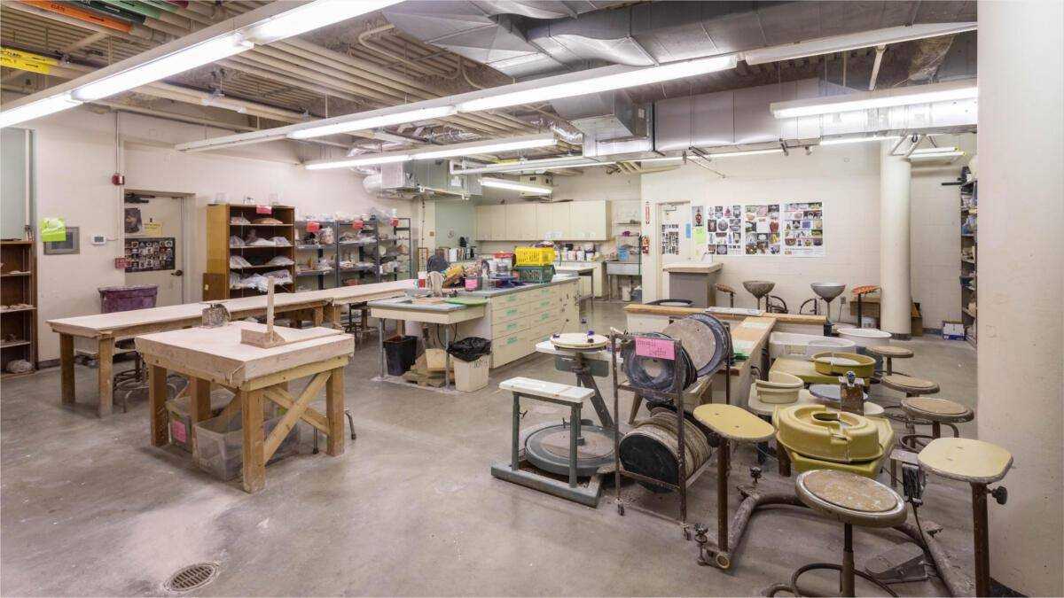 Pottery wheels and worktables in Krasl Art Center’s ceramics studio